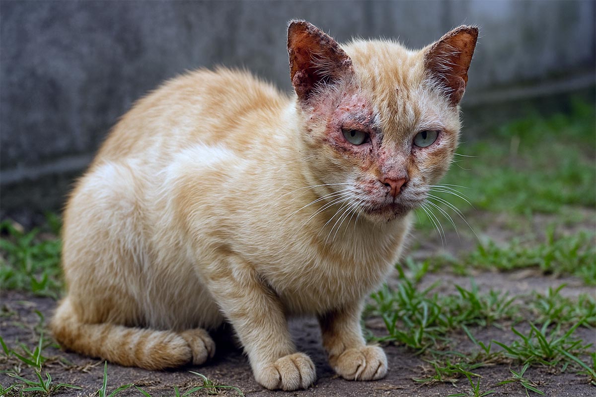Un chat se grattant frénétiquement l'oreille, premier signe de la gale