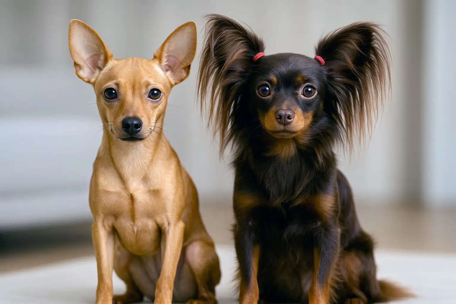Couple Russkiy Toy poils courts à gauche et poils longs à droite