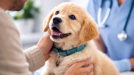 Chiot regardant son propriétaire chez le vétérinaire
