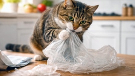 Chat qui mâchouille un sac plastique ou un emballage