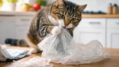 Chat qui mâchouille un sac plastique ou un emballage