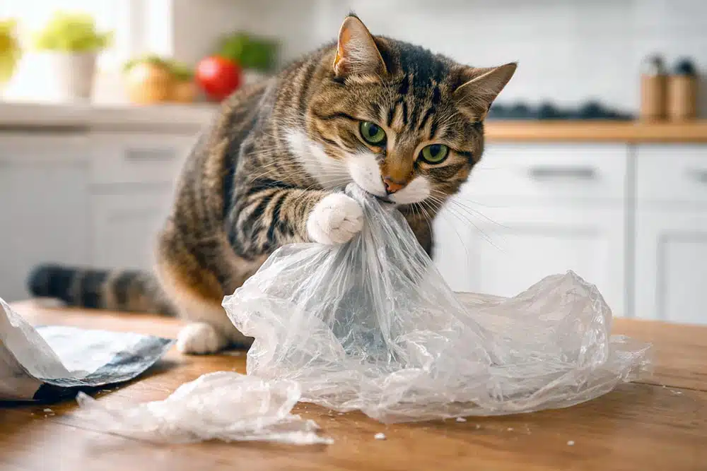 Chat qui mâchouille un sac plastique ou un emballage