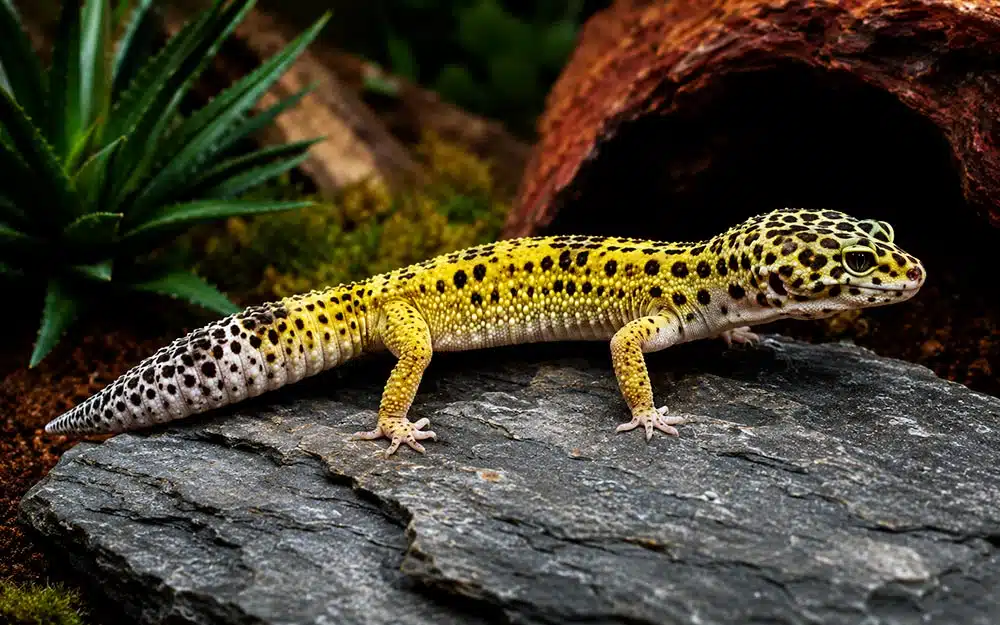 Gecko léopard adulte dans un terrarium naturel