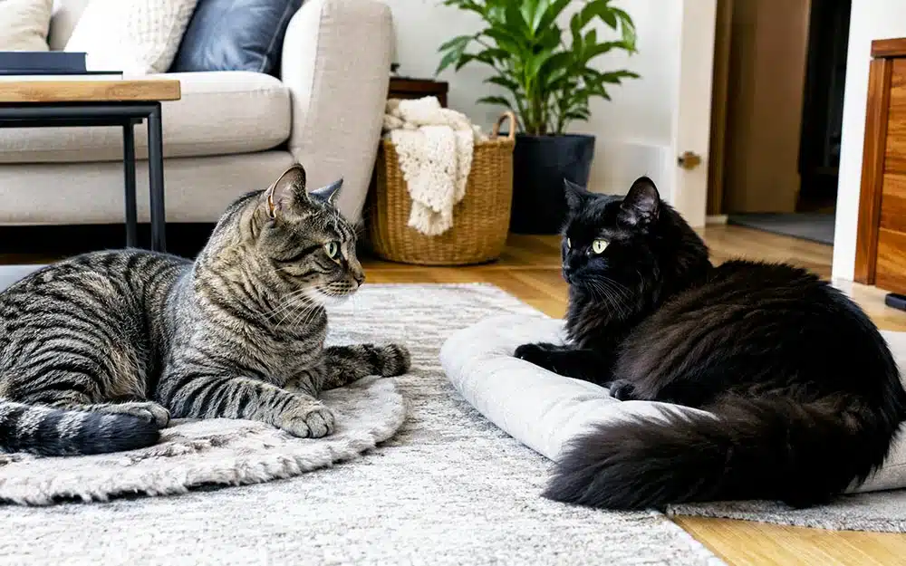 Deux chats adultes qui apprennent à cohabiter calmement à la maison